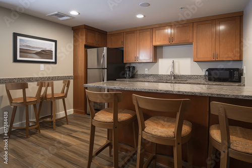 A Kitchen Counter With Wooden Chairs Near The Refriger  Generative AI