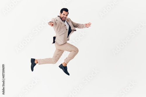 man smiling winner suit job business businessman running beige happy victory