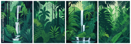 vector background of forest  jungle with waterfall for nature cover for banner  poster