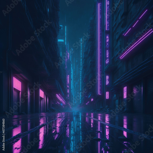 Cyberpunk Futuristic City, Night With Neon Glowing Lights, Retro Element, Street With Wet Asphalt And Car, Generative AI
