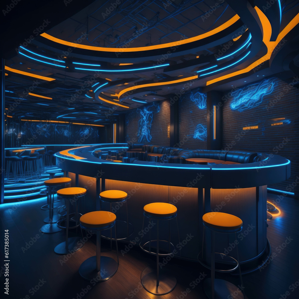 Sci-Fi Futuristic Bar Interior, Cyberpunk Style With Neon Tube Lights