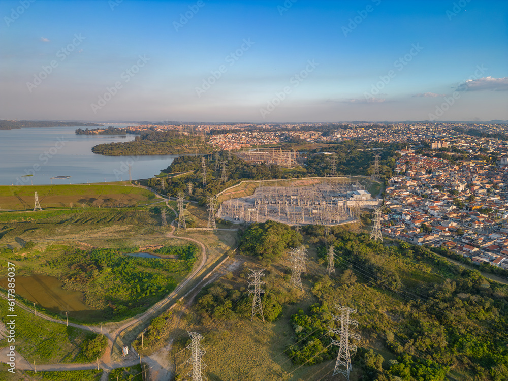 Sao Paulo, Sao Paulo, Brazil. June, 25th 2023. Aerial image of the Jardim Pedreira neighborhood in São Paulo. With the Elevação Pedreira Hydroelectric Plant and the Piratininga thermoelectric plant.