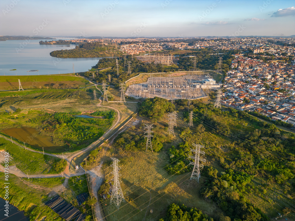 Sao Paulo, Sao Paulo, Brazil. June, 25th 2023. Aerial image of the Jardim Pedreira neighborhood in São Paulo. With the Elevação Pedreira Hydroelectric Plant and the Piratininga thermoelectric plant.
