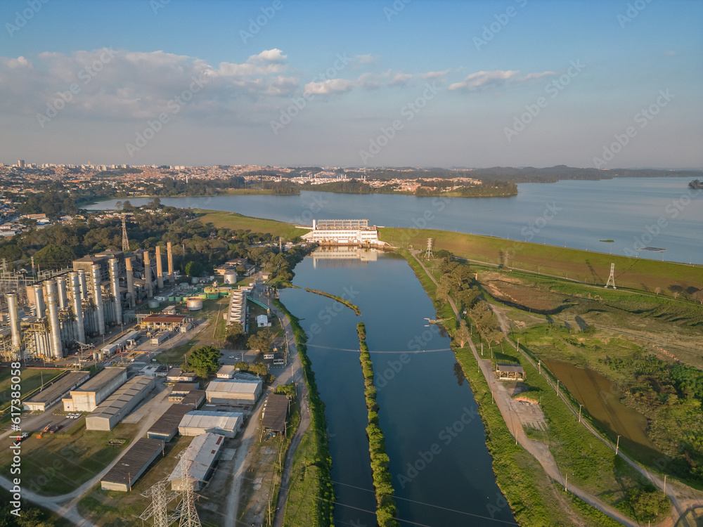Sao Paulo, Sao Paulo, Brazil. June, 25th 2023. Aerial image of the Jardim Pedreira neighborhood in São Paulo. With the Elevação Pedreira Hydroelectric Plant and the Piratininga thermoelectric plant. Sao Paulo, Sao Paulo, Brazil. June, 25th 2023. Aerial image of the Jardim Pedreira neighborhood in São Paulo. With the Elevação Pedreira Hydroelectric Plant and the Piratininga thermoelectric plant.
