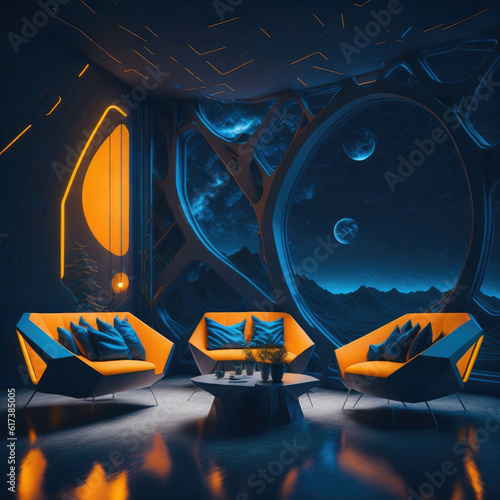 Futuristic Modern Living Room Interior, Neon Lights Glowing Accent, Armchairs and Table, Large Panoramic Window, Fantasy Mountain View, Generative AI