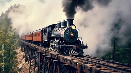Classic steam locomotive train engine on track generative ai