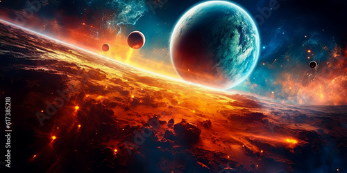 Fototapeta Naklejka Na Ścianę i Meble -  Planets, stars, nebulas in the universe. Science fiction and space exploration concept. Generative Ai illustration