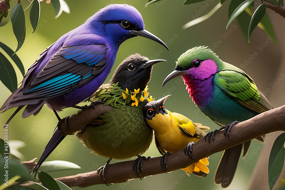 Obraz premium closeup shot of beautiful Birds sitting on a tree branch surrounded by green leaves_31