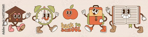 Comic retro cartoon characters set with book, graduation hat, alarm clock, backpack. Vintage mascots collection with gloved hands and booted feet. 70s-80s contour vector illustration.