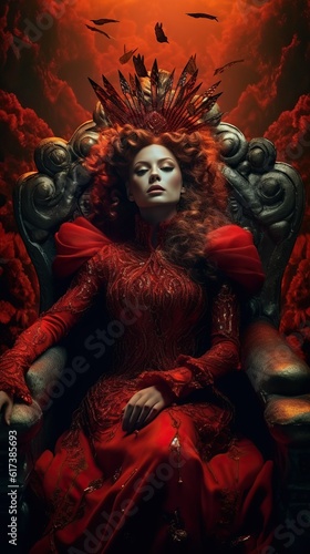 Crimson Royalty: Enchanting Lady in a Fantasy Red Dress on a Queen Chair. Not real person. Generative AIu