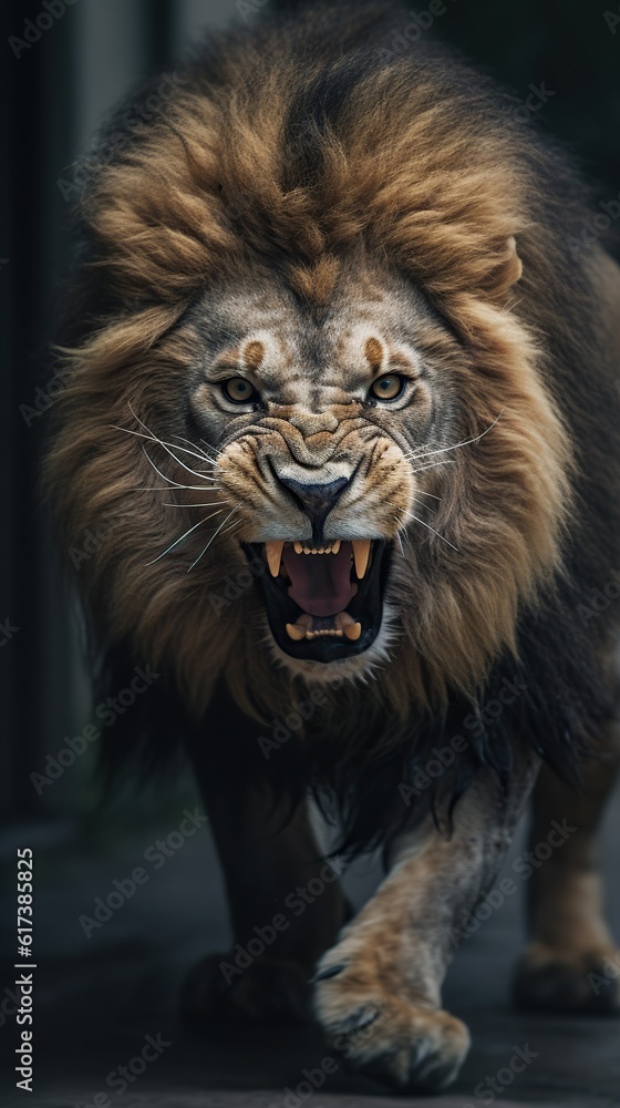 Fototapeta premium Roaring Fury: Intense Close-Up of an Angry Lion Charging. Generative AI