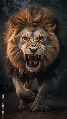 Roaring Fury: Intense Close-Up of an Angry Lion Charging. Generative AI © DigitalGenetics