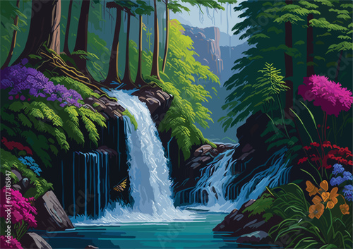 a vector background image inspired by the natural world, showcasing a lush rainforest teeming with diverse flora and fauna, cascading waterfalls, and rays of sunlight piercing through the dense canopy