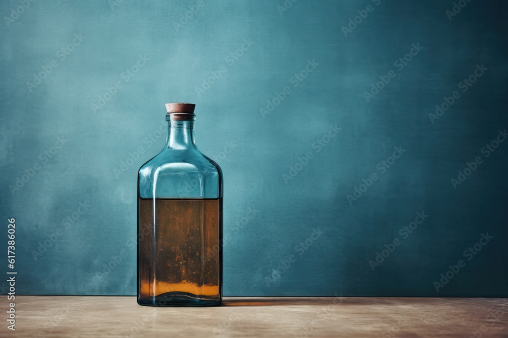 A bottle of whiskey or cognac standing on the table. Generative AI. A bottle of whiskey or cognac standing on the table. Generative AI.
