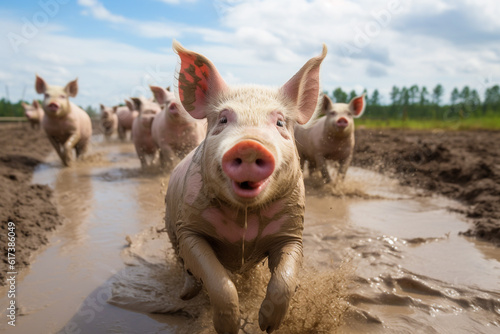 fröhliche Schweine rennen auf einer matschigen Wiese Generative AI
