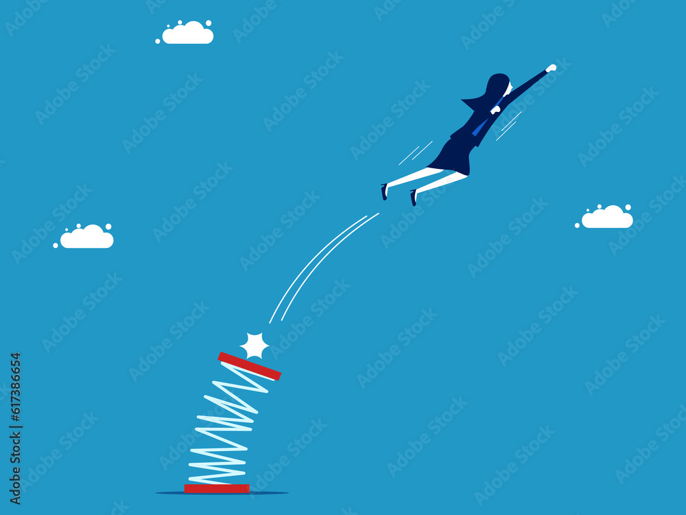business advantage. Businesswoman jumping high with a spring vector