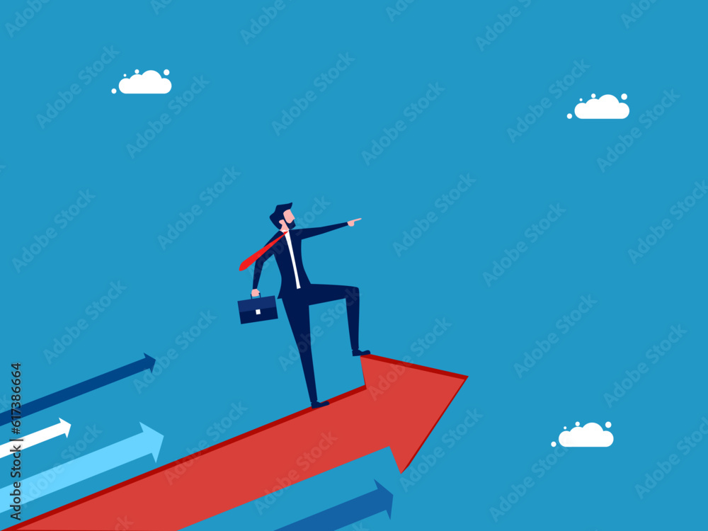 Leadership leads to success. a business man standing on an arrow and pointing the direction forward vector