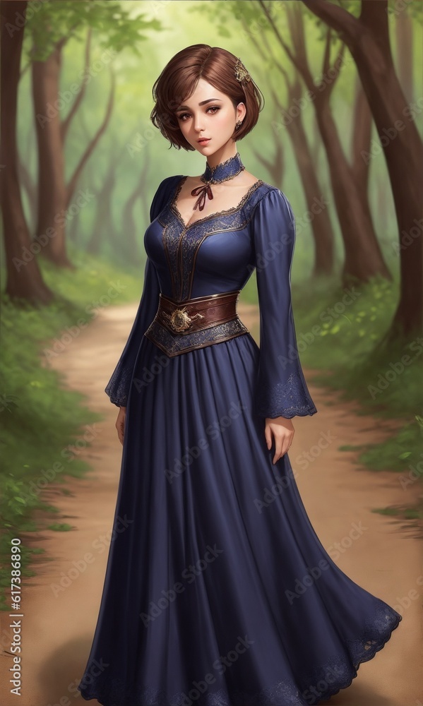 Web game style realistic art of lonely girl in forest park in beatiful dress Web game style realistic art of lonely girl in forest park in beatiful dress