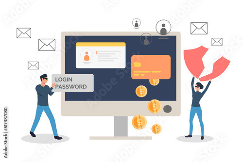 Hackers breaking in computer vector illustration. Thieves stealing money and passwords from personal and corporate accounts and devices. Cyber attack, cybersecurity, data protection concept