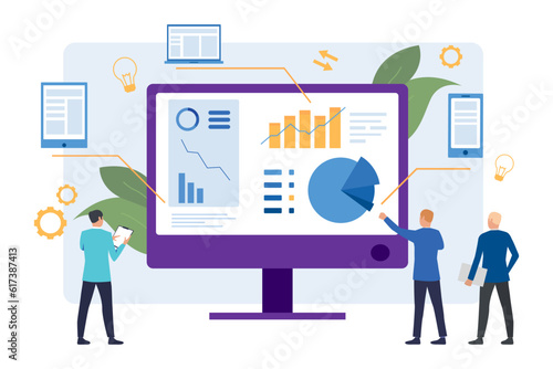 Tiny businessmen analyzing data vector illustration. Office workers calculating finances or managing resources in infographics on computer screen. Data analysis, business, networking concept
