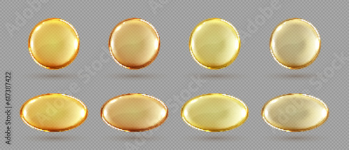 Capsules with oil, gold round and oval pills isolated on transparent background. Cosmetics, vitamin, omega 3 golden bubbles. Serum droplets or collagen essence. Realistic vector set