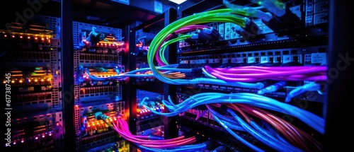 big database box cloud servers connection with colorful fiber optic cable internet in computer lab, Generative AI.