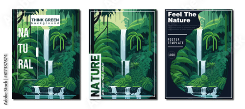 vector background of forest, jungle with waterfall for nature cover for banner, poster