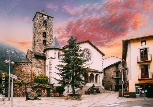 Andorra La Vella, Andorra. View Of Prince Benlloch Square Near Famous Church Of Saint Esteve. Esglesia De Sant Esteve Located On Placa Del Princep Benlloch. Cultural Heritage. photo