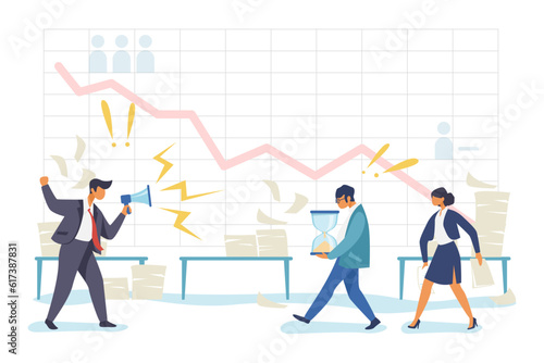 Angry manager shouting at employees vector illustration. Tired office workers carrying hourglass, struggling to work on projects and needing help. Lack of personnel, labor crisis concept