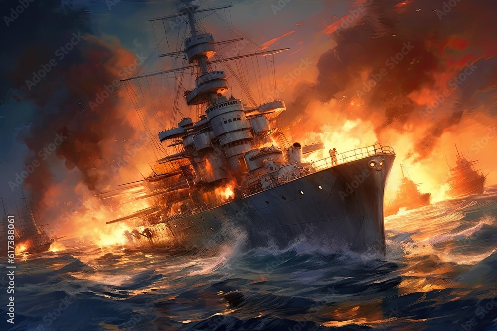 Bismarck warship on fire during a battle, about to sink. The inferno rages, painting a scene of chaos and devastation on the deck. AI-generated