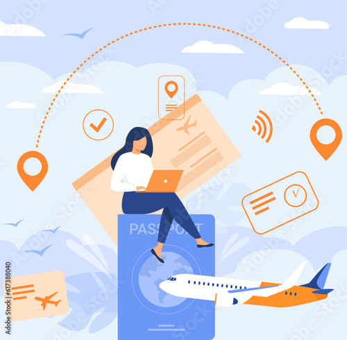 Tech worker applying for digital visa vector illustration. Happy woman sitting on passport with laptop and plane tickets, preparing to move to another country. Digital visa, relocation concept