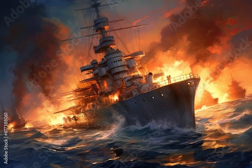 Obraz na płótnie Bismarck warship on fire during a battle, about to sink. The inferno rages, painting a scene of chaos and devastation on the deck. AI-generated w salonie