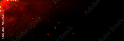 Background with fire sparks, embers and red smoke. Overlay effect of burn coal, grill, hell or bonfire with flame glow, flying red sparkles, fog on black background, vector realistic illustration