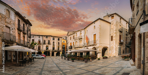 Besalu, Girona, Spain. Old Freedom Square Or Placa De La Llibertat In Sunny Summer Day. Panoramic View.