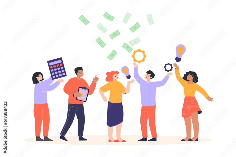 Happy coworkers catching flying money vector illustration. Business people with calculator, contracts and lightbulbs, celebrating success. Corporate finance, business development concept Happy coworkers catching flying money vector illustration. Business people with calculator, contracts and lightbulbs, celebrating success. Corporate finance, business development concept