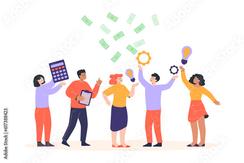 Happy coworkers catching flying money vector illustration. Business people with calculator, contracts and lightbulbs, celebrating success. Corporate finance, business development concept