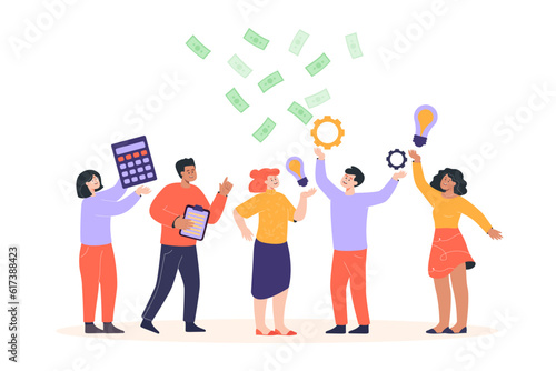 Happy coworkers catching flying money vector illustration. Business people with calculator, contracts and lightbulbs, celebrating success. Corporate finance, business development concept