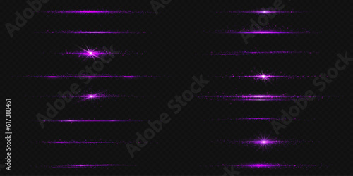 Purple line light glow with sparkle and flare shine. Horizontal violet neon streak effect isolated on transparent background. Magic flash laser strip divider with glitter shimmer design illustration
