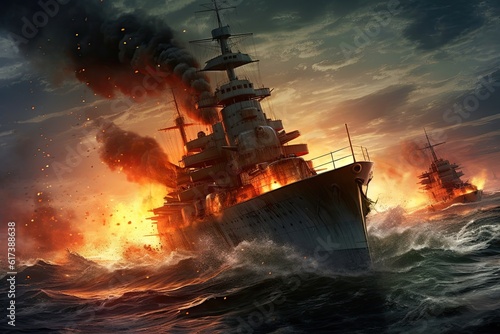 Obraz na płótnie Bismarck was ultimately sunk by a combination of British warships, including Prince of Wales warship, HMS King George V and the HMS Rodney, in the Battle of the Denmark Strait