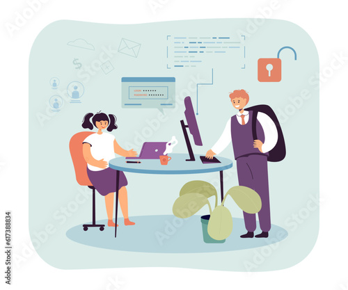 Happy kids hacking into computers vector illustration. Drawing of teenage hackers unlocking information or data at school, open lock symbol. Cybersecurity, technology, childhood, education concept
