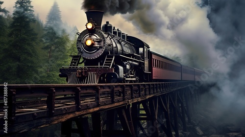 Classic steam locomotive train engine on track generative ai