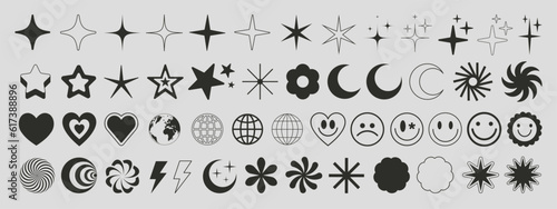 Set of Brutalist Geometric Shapes Vector Design. Cool Trendy Abstract Figures Collection. Graphic Elements. Sparkle Icons. Emoticons. Stars Symbols.