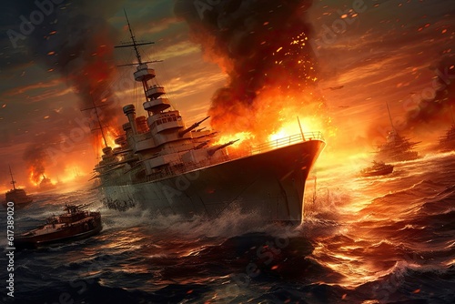 Fotografie, Obraz Bismarck warship on fire sinking