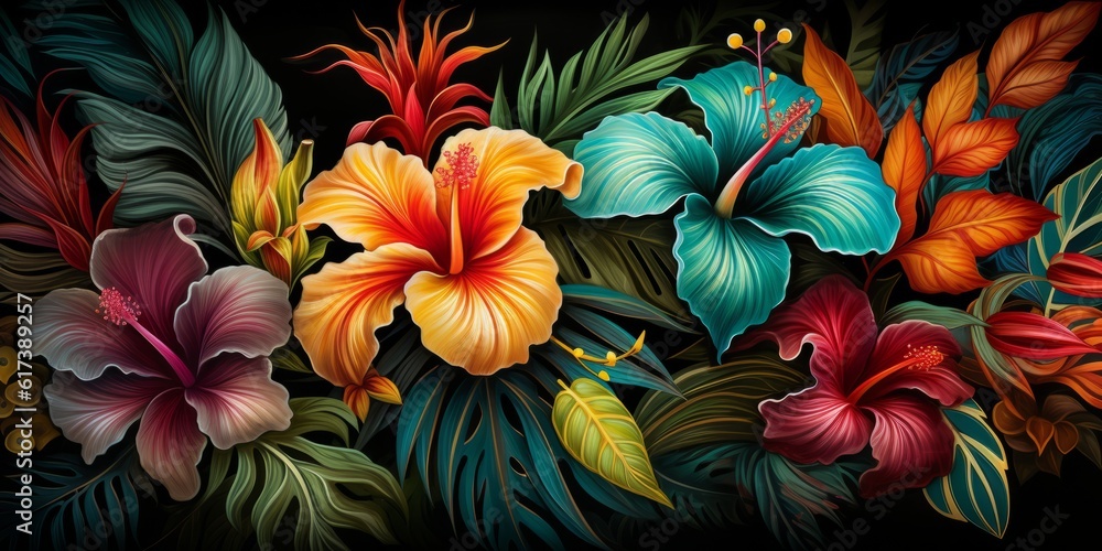 Exotic Jungle A Vibrant Tropical Leaf and Flower Background for a Stage or Backdrop Generative AI