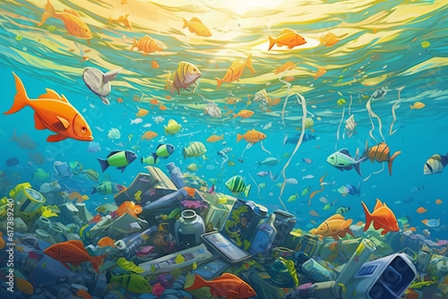 Garbage in sea, plastic pollution, underwater ocean with trash. Marine animals animals swimming in polluted water, undersea with floating rubbish illustration.