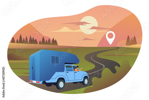 Camper van moving on road vector illustration. Beautiful summer landscape and male tourist traveling, driving to sunset with map pin. Travel, summer, tourism, adventure concept