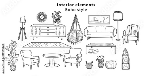 Hand drawn in doodle style, Scandinavian furniture Interior elements Boho style. Cozy home environment for the living room. 