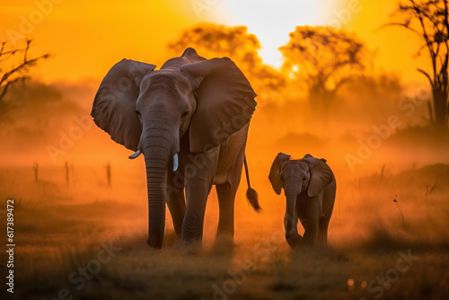 Mother and baby elephant walking together through the savana at sunset. Amazing African wildlife. Generative Ai