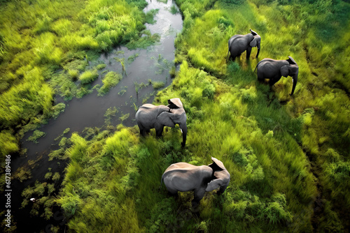 Aerial view of a family of elephants walking in the green meadow. Amazing African wildlife. Generative Ai
