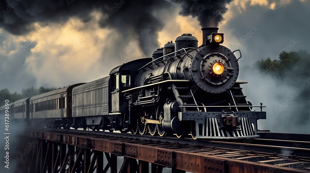 Naklejka premium Classic steam locomotive train engine on track generative ai